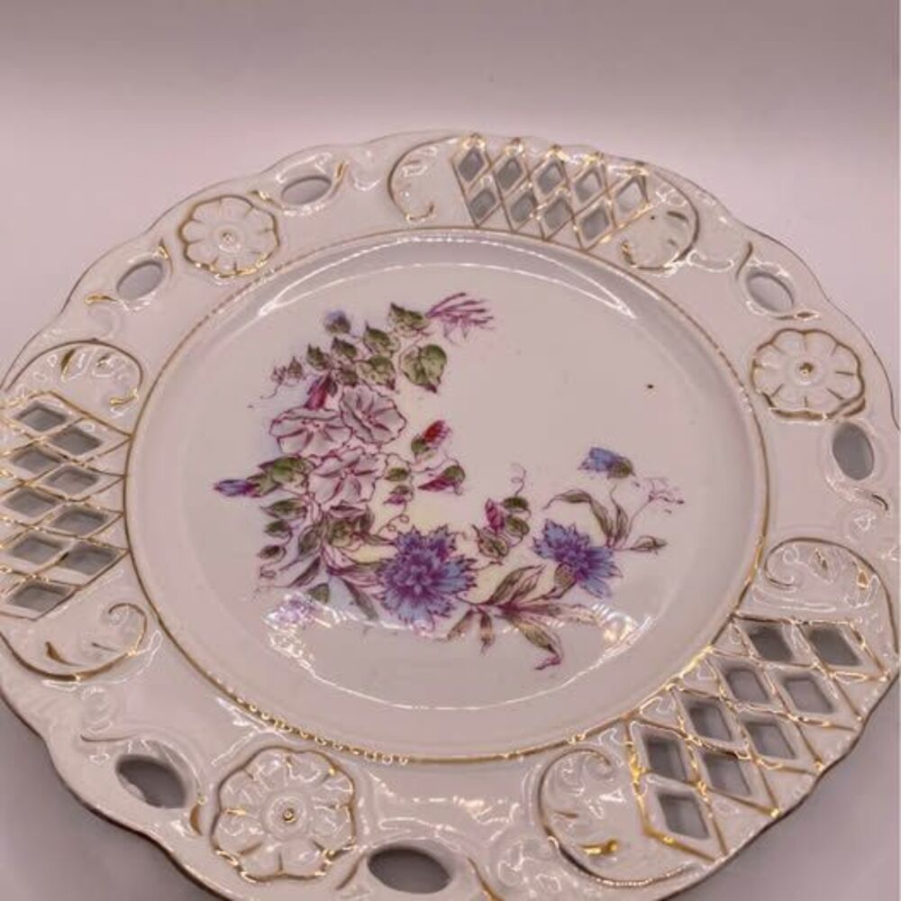 Vintage German Reticulated porcelain plate 8 1/2 inches Pierce lace ribbon borde